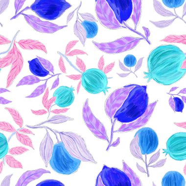 Meyveli, limonlu, portakallı, üzümlü ve narlı yaratıcı kusursuz desen. Yağlı boya etkisi. Parlak yaz baskısı. Her amaç için harika bir tasarım