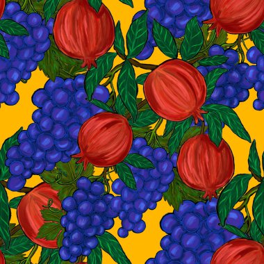 Meyveli, limonlu, portakallı, üzümlü ve narlı yaratıcı kusursuz desen. Yağlı boya etkisi. Parlak yaz baskısı. Her amaç için harika bir tasarım