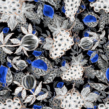 Meyveli, limonlu, portakallı, üzümlü ve narlı yaratıcı kusursuz desen. Yağlı boya etkisi. Parlak yaz baskısı. Her amaç için harika bir tasarım