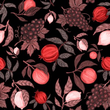 Meyveli, limonlu, portakallı, üzümlü ve narlı yaratıcı kusursuz desen. Yağlı boya etkisi. Parlak yaz baskısı. Her amaç için harika bir tasarım