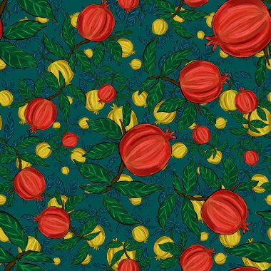 Nar ile yaratıcılığı kusursuz desen. Yağlı boya etkisi. Parlak yaz baskısı. Her amaç için harika bir tasarım