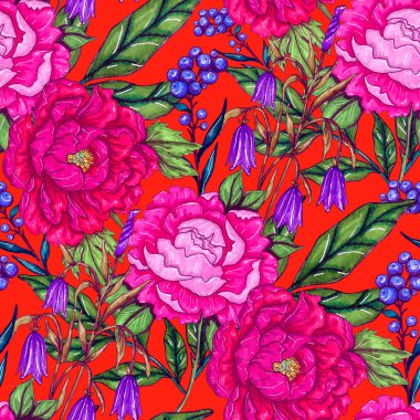 Çiçek buketli suluboya desenli. Klasik botanik çizimi. Her türlü tasarım için zarif bir dekorasyon. Renkli ve soyut çiçekli moda baskısı. Suluboya dokusu.