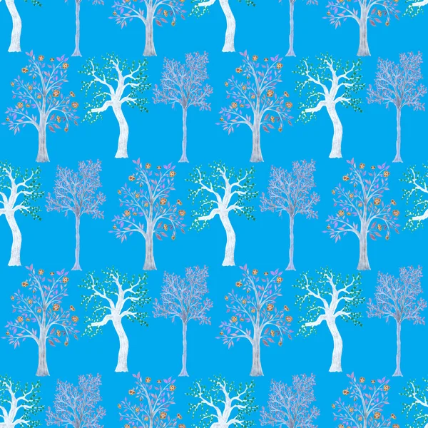 Watercolor Seamless Pattern Blooming Spring Trees Hand Drawn Abstract Landscape — Stock Photo, Image