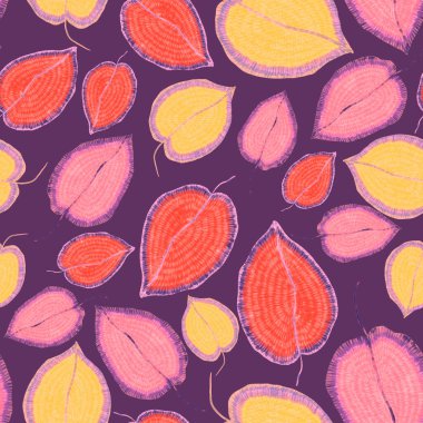 Yaratıcı renkli tropikal yaprakları olan modern, soyut, pürüzsüz desen. Geçmişe dönük parlak yaz geçmişi. Orman yaprakları çizimi. Mayo botanik tasarımı. Antika egzotik baskı.