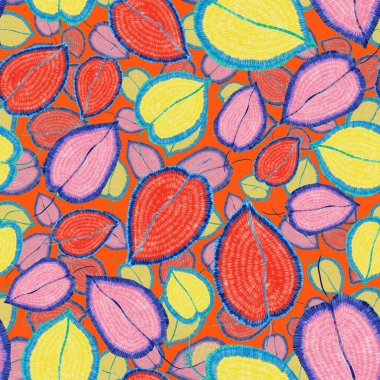 Yaratıcı renkli tropikal yaprakları olan modern, soyut, pürüzsüz desen. Geçmişe dönük parlak yaz geçmişi. Orman yaprakları çizimi. Mayo botanik tasarımı. Antika egzotik baskı.