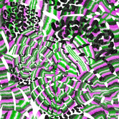 Yaratıcı renkli tropikal yaprakları ve leopar benekleri olan modern soyut ve pürüzsüz desen. Geçmişe dönük parlak yaz geçmişi. Orman yaprakları çizimi. Mayo botanik tasarımı. Antika egzotik baskı.