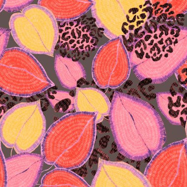 Yaratıcı renkli tropikal yaprakları ve leopar benekleri olan modern soyut ve pürüzsüz desen. Geçmişe dönük parlak yaz geçmişi. Orman yaprakları çizimi. Mayo botanik tasarımı. Antika egzotik baskı.