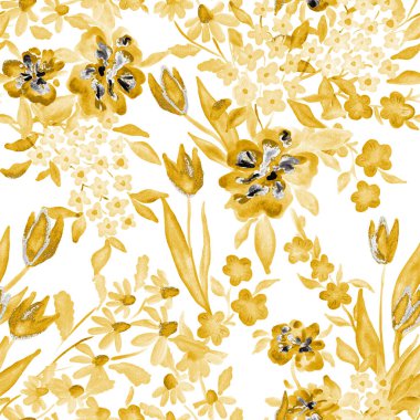 Bahar çiçekleriyle suluboya kusursuz desen. Klasik botanik çizimi. Her türlü tasarım için zarif bir dekorasyon. Renkli ve soyut çiçekli moda baskısı. Suluboya dokusu.