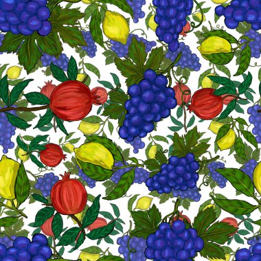 Meyveli, limonlu, portakallı, üzümlü ve narlı yaratıcı kusursuz desen. Yağlı boya etkisi. Parlak yaz baskısı. Her amaç için harika bir tasarım