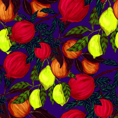 Meyveli, limonlu, portakallı, üzümlü ve narlı yaratıcı kusursuz desen. Yağlı boya etkisi. Parlak yaz baskısı. Her amaç için harika bir tasarım