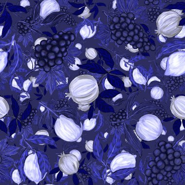 Meyveli, limonlu, portakallı, üzümlü ve narlı yaratıcı kusursuz desen. Yağlı boya etkisi. Parlak yaz baskısı. Her amaç için harika bir tasarım