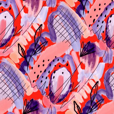 Suluboya, soyut, kusursuz desen. Parlak el yapımı elementlerle yaratıcı doku. Soyut renkli yazdırma.