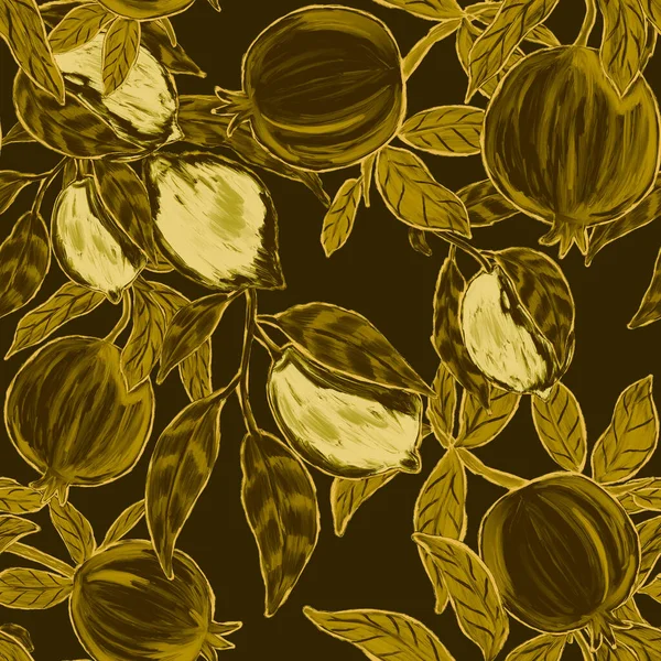 Творческий Бесшовный Узор Фруктами Лимоны Апельсины Виноград Гранаты Эффект Масляной — стоковое фото