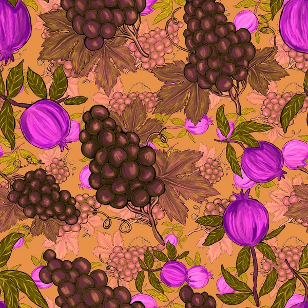 Kreatywny Bezszwowy Wzór Owocami Cytrynami Pomarańczami Winogronami Granatami Efekt Farby — Zdjęcie stockowe