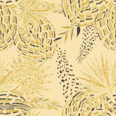 Yaratıcı renkli tropikal yaprakları olan modern, soyut, pürüzsüz desen. Geçmişe dönük parlak yaz geçmişi. Orman yaprakları çizimi. Mayo botanik tasarımı. Antika egzotik baskı.