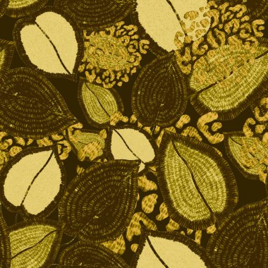 Yaratıcı renkli tropikal yaprakları ve leopar benekleri olan modern soyut ve pürüzsüz desen. Geçmişe dönük parlak yaz geçmişi. Orman yaprakları çizimi. Mayo botanik tasarımı. Antika egzotik baskı.