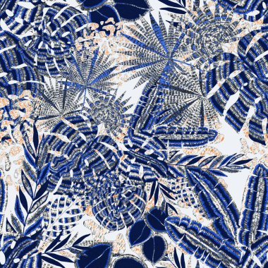 Yaratıcı renkli tropikal yaprakları ve leopar benekleri olan modern soyut ve pürüzsüz desen. Geçmişe dönük parlak yaz geçmişi. Orman yaprakları çizimi. Mayo botanik tasarımı. Antika egzotik baskı.