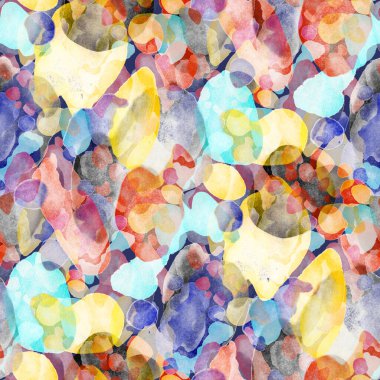 Suluboya, soyut, kusursuz desen. Parlak el yapımı elementlerle yaratıcı doku. Soyut renkli yazdırma.