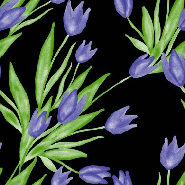 Bahar çiçekleriyle suluboya kusursuz desen. Klasik botanik çizimi. Her türlü tasarım için zarif bir dekorasyon. Renkli ve soyut çiçekli moda baskısı. Suluboya dokusu.