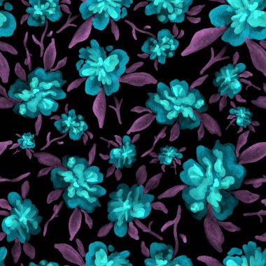 Bahar çiçekleriyle suluboya kusursuz desen. Klasik botanik çizimi. Her türlü tasarım için zarif bir dekorasyon. Renkli ve soyut çiçekli moda baskısı. Suluboya dokusu.