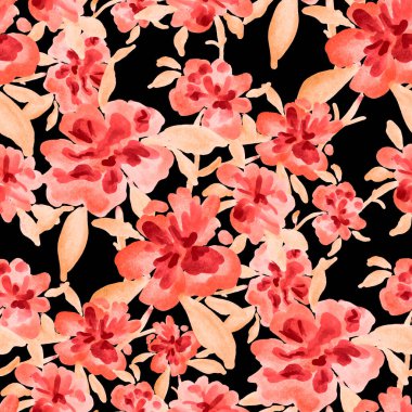 Bahar çiçekleriyle suluboya kusursuz desen. Klasik botanik çizimi. Her türlü tasarım için zarif bir dekorasyon. Renkli ve soyut çiçekli moda baskısı. Suluboya dokusu.