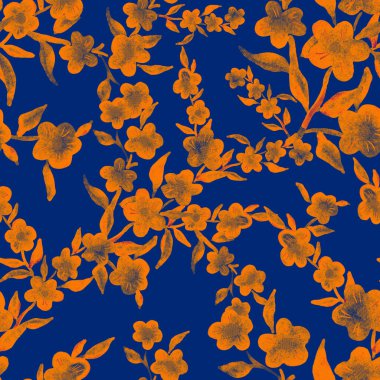 Bahar çiçekleriyle suluboya kusursuz desen. Klasik botanik çizimi. Her türlü tasarım için zarif bir dekorasyon. Renkli ve soyut çiçekli moda baskısı. Suluboya dokusu.