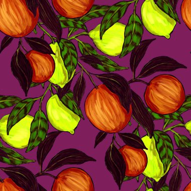 Meyveli, limonlu, portakallı, üzümlü ve narlı yaratıcı kusursuz desen. Yağlı boya etkisi. Parlak yaz baskısı. Her amaç için harika bir tasarım