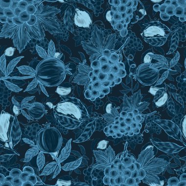 Meyveli, limonlu, portakallı, üzümlü ve narlı yaratıcı kusursuz desen. Yağlı boya etkisi. Parlak yaz baskısı. Her amaç için harika bir tasarım