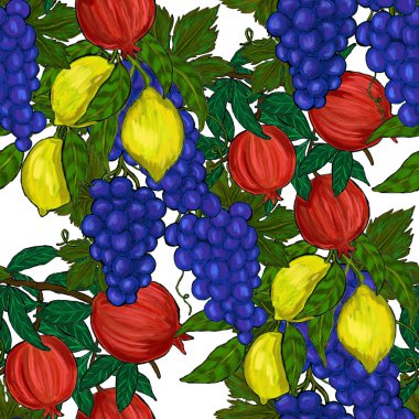 Meyveli, limonlu, portakallı, üzümlü ve narlı yaratıcı kusursuz desen. Yağlı boya etkisi. Parlak yaz baskısı. Her amaç için harika bir tasarım