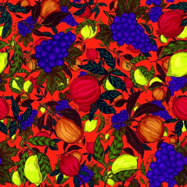 Meyveli, limonlu, portakallı, üzümlü ve narlı yaratıcı kusursuz desen. Yağlı boya etkisi. Parlak yaz baskısı. Her amaç için harika bir tasarım