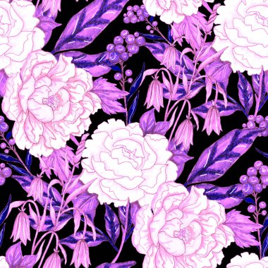 Çiçek buketli suluboya desenli. Klasik botanik çizimi. Her türlü tasarım için zarif bir dekorasyon. Renkli ve soyut çiçekli moda baskısı. Suluboya dokusu.