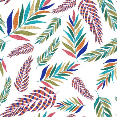 Yaratıcı renkli tropikal yaprakları olan modern, soyut, pürüzsüz desen. Geçmişe dönük parlak yaz geçmişi. Orman yaprakları çizimi. Mayo botanik tasarımı. Antika egzotik baskı.