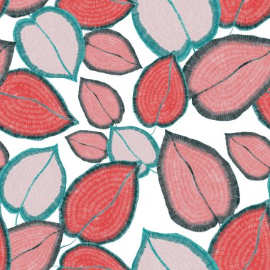 Yaratıcı renkli tropikal yaprakları olan modern, soyut, pürüzsüz desen. Geçmişe dönük parlak yaz geçmişi. Orman yaprakları çizimi. Mayo botanik tasarımı. Antika egzotik baskı.