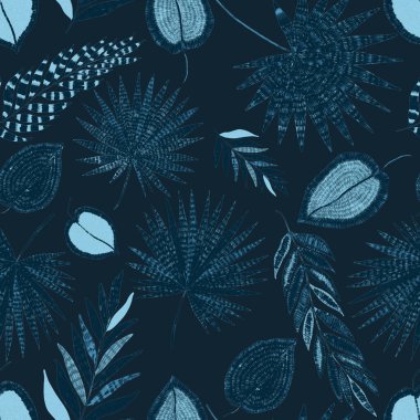 Yaratıcı renkli tropikal yaprakları olan modern, soyut, pürüzsüz desen. Geçmişe dönük parlak yaz geçmişi. Orman yaprakları çizimi. Mayo botanik tasarımı. Antika egzotik baskı.