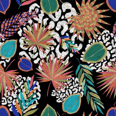 Yaratıcı renkli tropikal yaprakları ve leopar benekleri olan modern soyut ve pürüzsüz desen. Geçmişe dönük parlak yaz geçmişi. Orman yaprakları çizimi. Mayo botanik tasarımı. Antika egzotik baskı.