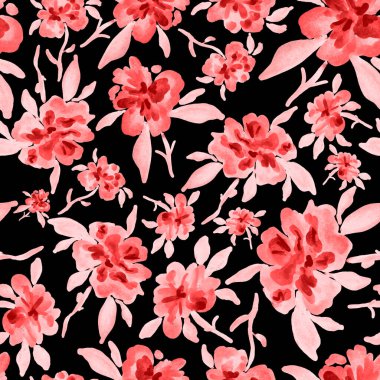 Bahar çiçekleriyle suluboya kusursuz desen. Klasik botanik çizimi. Her türlü tasarım için zarif bir dekorasyon. Renkli ve soyut çiçekli moda baskısı. Suluboya dokusu.