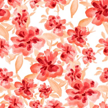 Bahar çiçekleriyle suluboya kusursuz desen. Klasik botanik çizimi. Her türlü tasarım için zarif bir dekorasyon. Renkli ve soyut çiçekli moda baskısı. Suluboya dokusu.