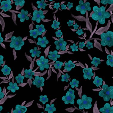 Bahar çiçekleriyle suluboya kusursuz desen. Klasik botanik çizimi. Her türlü tasarım için zarif bir dekorasyon. Renkli ve soyut çiçekli moda baskısı. Suluboya dokusu.