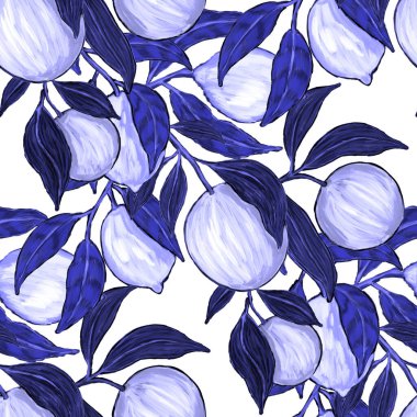 Meyveli, limonlu, portakallı, üzümlü ve narlı yaratıcı kusursuz desen. Yağlı boya etkisi. Parlak yaz baskısı. Her amaç için harika bir tasarım