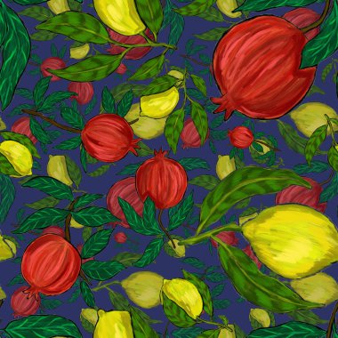 Meyveli, limonlu, portakallı, üzümlü ve narlı yaratıcı kusursuz desen. Yağlı boya etkisi. Parlak yaz baskısı. Her amaç için harika bir tasarım