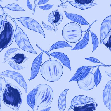 Meyveli, limonlu, portakallı, üzümlü ve narlı yaratıcı kusursuz desen. Yağlı boya etkisi. Parlak yaz baskısı. Her amaç için harika bir tasarım