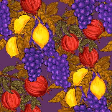Meyveli, limonlu, portakallı, üzümlü ve narlı yaratıcı kusursuz desen. Yağlı boya etkisi. Parlak yaz baskısı. Her amaç için harika bir tasarım