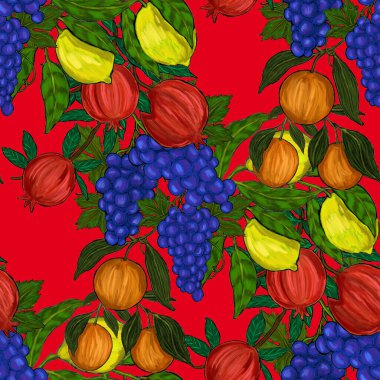 Meyveli, limonlu, portakallı, üzümlü ve narlı yaratıcı kusursuz desen. Yağlı boya etkisi. Parlak yaz baskısı. Her amaç için harika bir tasarım
