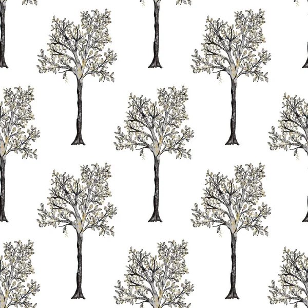 Padrão Sem Costura Aquarela Com Árvores Primavera Florescendo Mão Desenhado — Fotografia de Stock