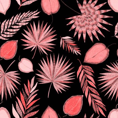 Yaratıcı renkli tropikal yaprakları olan modern, soyut, pürüzsüz desen. Geçmişe dönük parlak yaz geçmişi. Orman yaprakları çizimi. Mayo botanik tasarımı. Antika egzotik baskı.