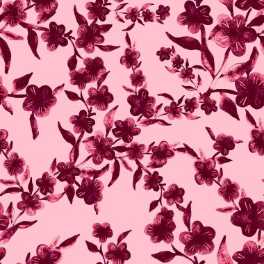 Bahar çiçekleriyle suluboya kusursuz desen. Klasik botanik çizimi. Her türlü tasarım için zarif bir dekorasyon. Renkli ve soyut çiçekli moda baskısı. Suluboya dokusu.