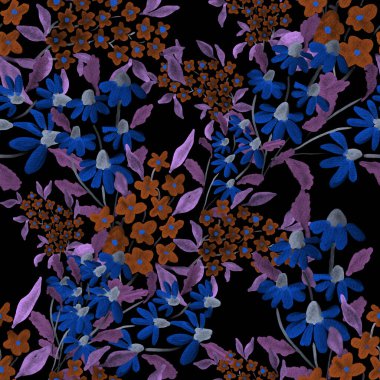 Bahar çiçekleriyle suluboya kusursuz desen. Klasik botanik çizimi. Her türlü tasarım için zarif bir dekorasyon. Renkli ve soyut çiçekli moda baskısı. Suluboya dokusu.