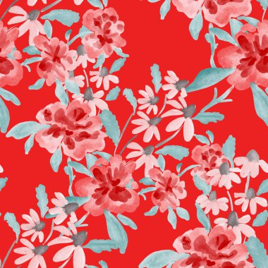 Bahar çiçekleriyle suluboya kusursuz desen. Klasik botanik çizimi. Her türlü tasarım için zarif bir dekorasyon. Renkli ve soyut çiçekli moda baskısı. Suluboya dokusu.