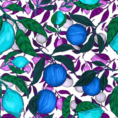 Meyveli, limonlu, portakallı, üzümlü ve narlı yaratıcı kusursuz desen. Yağlı boya etkisi. Parlak yaz baskısı. Her amaç için harika bir tasarım