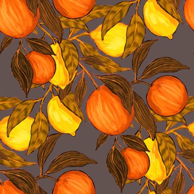 Meyveli, limonlu, portakallı, üzümlü ve narlı yaratıcı kusursuz desen. Yağlı boya etkisi. Parlak yaz baskısı. Her amaç için harika bir tasarım